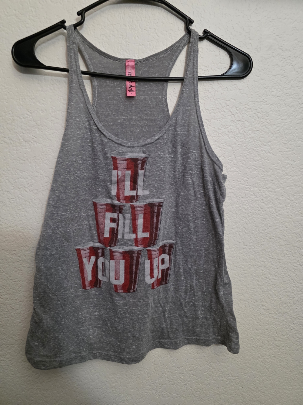 Gray Graphic Racerback Tank Top with Red Print